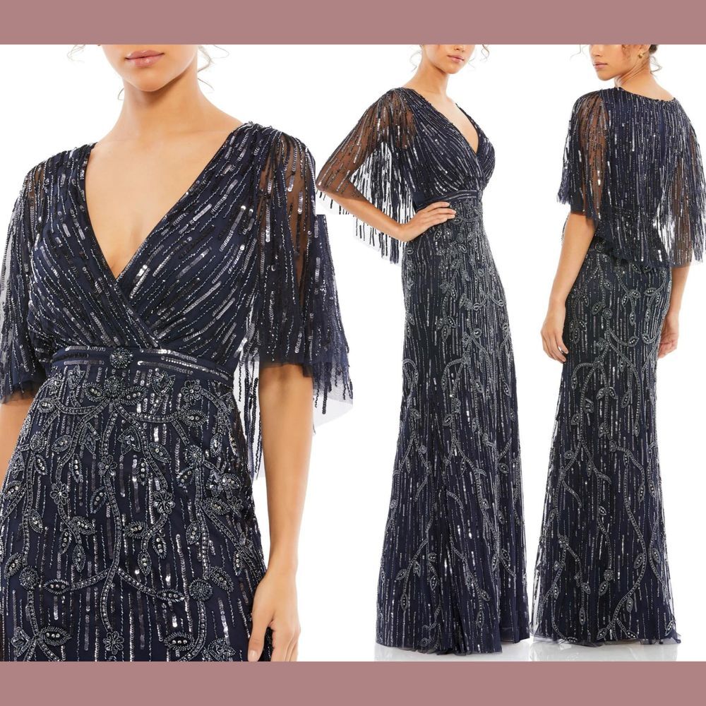 NWT $698 Mac Duggal [‎ 18 ] Embellished Cap Sleeve Cape Trumpet Gown Blue #S965